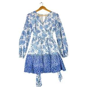 Japna Womens L Blue White Floral Mini Dress Long Balloon Sleeve Surplice Tiered